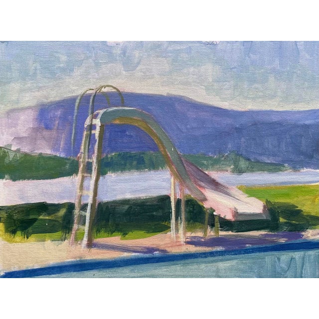 This artwork depicts a vibrant summer scene featuring a water slide set against a serene landscape, with rolling hills in...