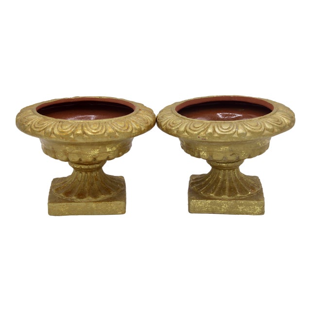 Mid Century Italian Gold Leaf Gilt Terra Cotta Urns For Sale