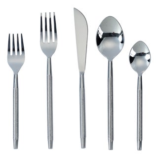 Ribbed Silver Stainless Steel Flatware - Set of 5 Pieces - Service For One For Sale