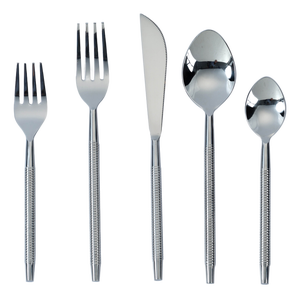 Ribbed Silver Stainless Steel Flatware - Set of 5 Pieces - Service For One