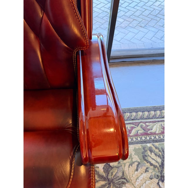 Vintage Presidential Tufted Oxblood Leather & Mahogany Reclining Executive Swivel Office Chair For Sale - Image 4 of 8