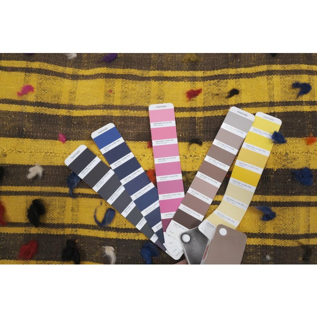 Striped Yellow Turkish Kilim With Tulu Details 6'8'' X 7'5'' For Sale - Image 12 of 13