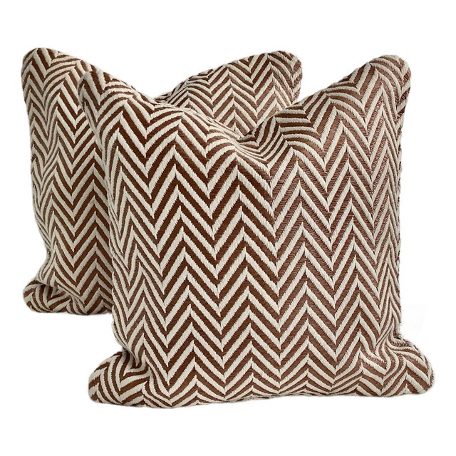 Sienna / White Herringbone Jacquard Decorative Pillow Covers (Set of 2) For Sale