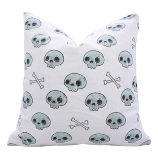 Fabdivine Spooky Skeleton Block Print Pillow Cover Handmade Halloween Cushion for Sofa, Bed & Living Room Size-14x14 For Sale