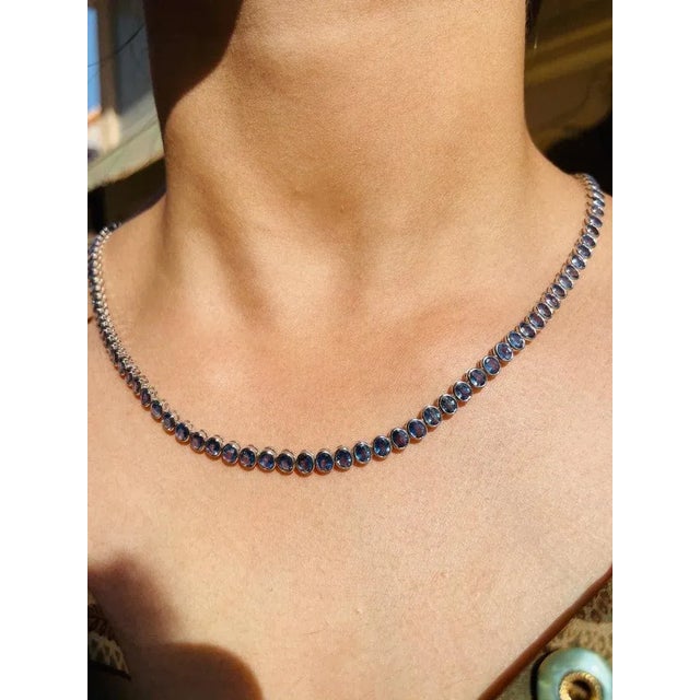 Certified 20.6 Ct Blue Sapphire Wedding Tennis Necklace in 18k White Gold For Sale In New York - Image 6 of 8