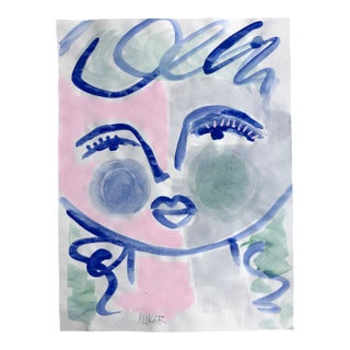 Contemporary Painting on Paper by Cassandra Auker, Face in Pink and Green For Sale