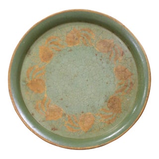 19th Century French Hand-Painted Green Tole Tray With Gilt Foliate Decor For Sale