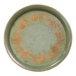 19th Century French Hand-Painted Green Tole Tray With Gilt Foliate Decor