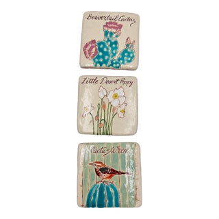 Vintage Lay Tuiles Hand Glazed New York Tiles Little Desert Poppy, Cactus, Bird Decor For Sale