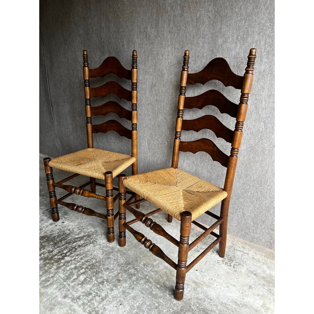 French Country Vintage Pair of French Country Ladder Back Rush Seat Chairs For Sale - Image 3 of 12