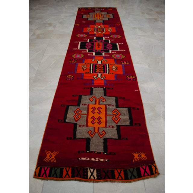 Vintage Runner Rug Kilim• Turkish Handwoven Tribal Flat Weave • Hallway Kitchen Decor - 3′4″ × 14′4″ For Sale - Image 12 of 15
