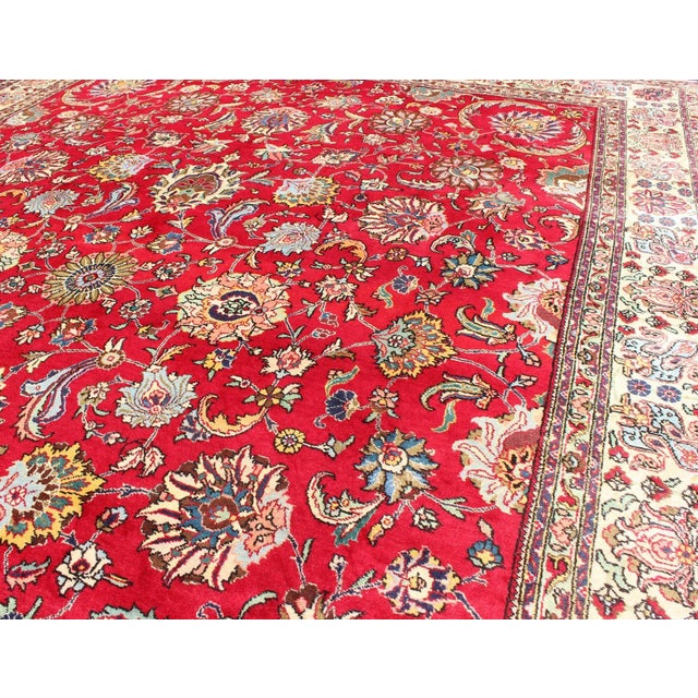 Semi Antique Persian Tabriz Rug With All-Over Blossom Design in Red and Ivory For Sale - Image 10 of 12