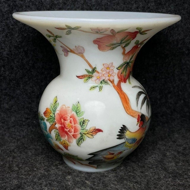 White Vintage Chinese Painted Glass Vase With Rooster and Peony - "Success & Prosperity" Motif For Sale - Image 8 of 9