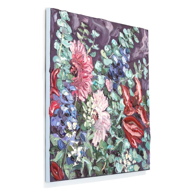 Contemporary Flowers on Tuesday - Abstract Botanical Textured Still Life Thick Oil Painting by Sally West For Sale - Image 3 of 9