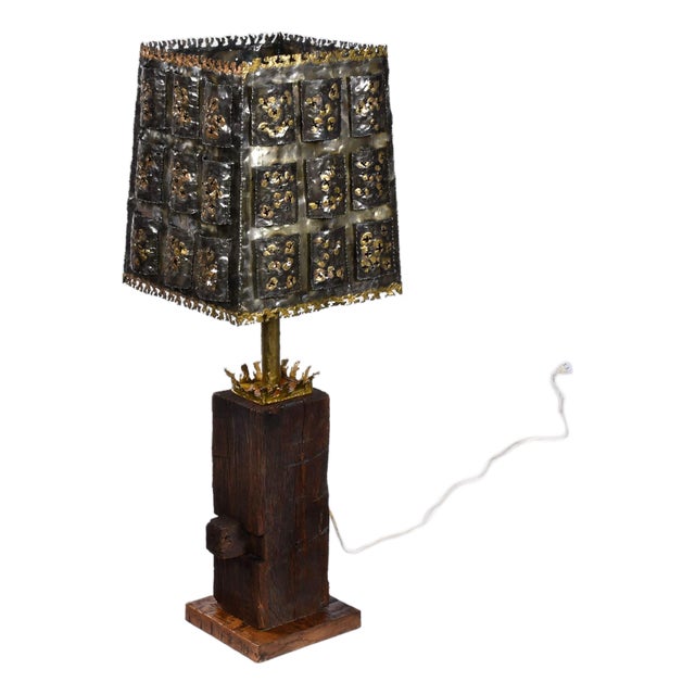 Vintage 1970s Brutalist Torch Cut Table Lamp With Nakashima Style Wood Base For Sale