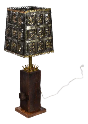 Vintage 1970s Brutalist Torch Cut Table Lamp With Nakashima Style Wood Base