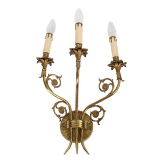 1950s Spanish French Neoclassical Cast Brass 3-Light Wall Sconce With Floral Rosettes For Sale