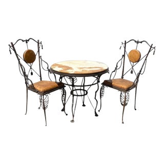 Vintage 3-Piece Set French Wrought Iron, Marble, Leather Table and Side Chairs For Sale