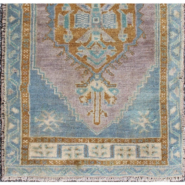 Vintage Turkish Oushak Rug in Sky Blue, Lavender and Cognac Brown For Sale In Atlanta - Image 6 of 7