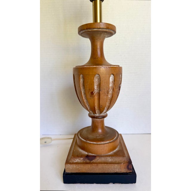 French Country Vintage Neoclassical Whitewashed Carved Wood Urn Table Lamp With Black Shade For Sale - Image 3 of 11