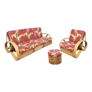 1950s Restored Rattan 3/4 Pretzel Arm 3 Piece Living Room Set For Sale