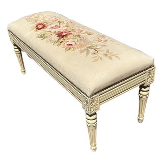 Rectangular Vintage Bench With Tapestry Top For Sale