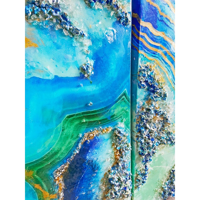 Abstract Blue Geode Wall Art Diptych Abstract Resin Painting by Tatiana Duperault For Sale - Image 3 of 5