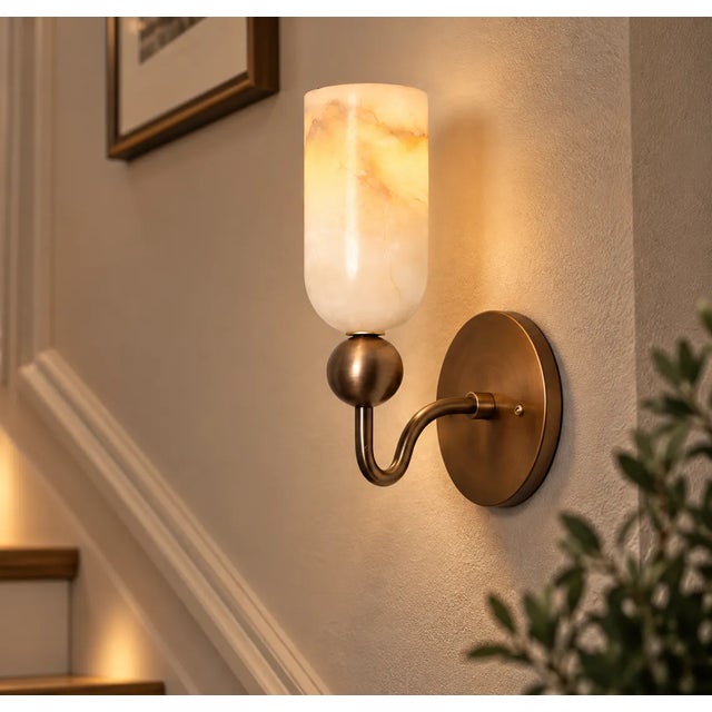 Not Yet Made - Made To Order Handcrafted Brass Wall Sconce With Natural Alabaster Cylinder Shade For Sale - Image 5 of 9