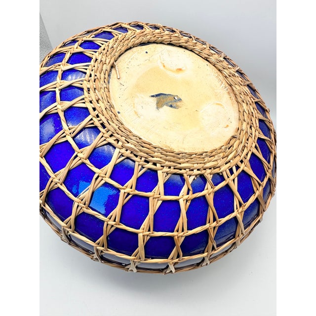 Wood Vintage Seagrass Rattan Wrapped Cobalt Ceramic 12" Pottery For Sale - Image 7 of 8