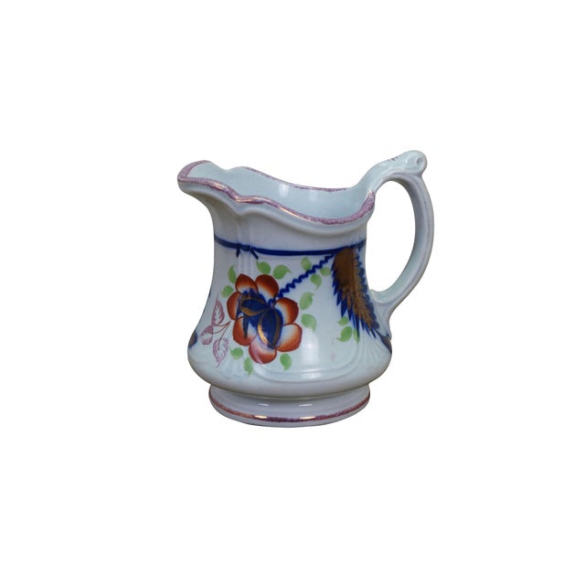 Antique Gaudy Welsh Ironstone cobalt / flow blue floral creamer pitcher and shallow bowls / plate. Circa 1850s....
