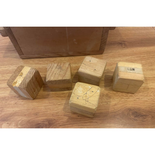 Wood Vintage Hand Crafted Wooden Building Blocks With Original Storage Box – Rustic Montessori Style Set For Sale - Image 7 of 8