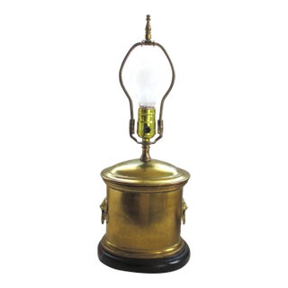 Vintage Brass Table Lamp With Lion Handles on Wood Base For Sale