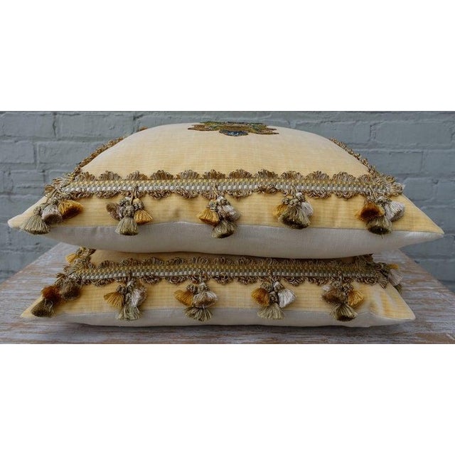 Contemporary Pair of Custom Velvet Pillows With 18th Century Textile Appliqué For Sale - Image 3 of 8