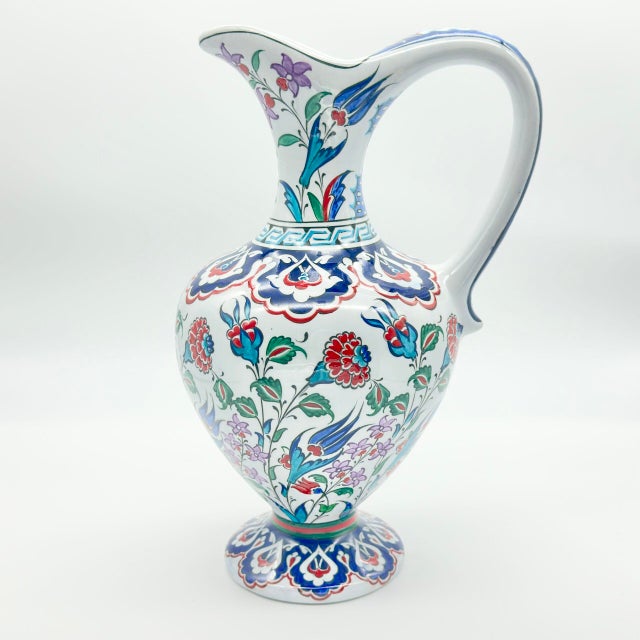 Handmade Ceramic Pitcher Vase (30cm) Traditional “Ewer” Form with Handle – Colorful Floral Pattern & Geometric Neck Border For Sale - Image 9 of 10