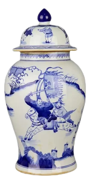 Antique Chinese Ceramic Pot Qing Dynasty Kangxi Marked Blue and White Porcelain Ginger Jar Hand Painted Figures Story Pattern