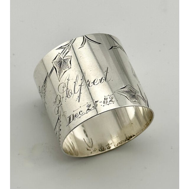 William B. Durgin Antique American Hand Engraved Christmas 1882 Sterling Silver Owl & Butterfly Napkin Ring for "Alfred" For Sale - Image 4 of 17