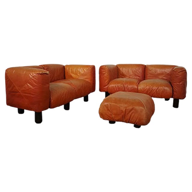 Sofas and Poufs in Orange Leather Marius & Marius by Mario Marenco for Arflex, 1970s, Set of 3 For Sale
