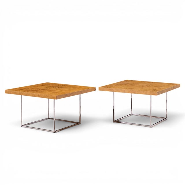 Milo Baughman for Thayer Coggin Style Mid Century Burlwood and Chrome Side Tables - Pair Each side table measures: 32 wide...