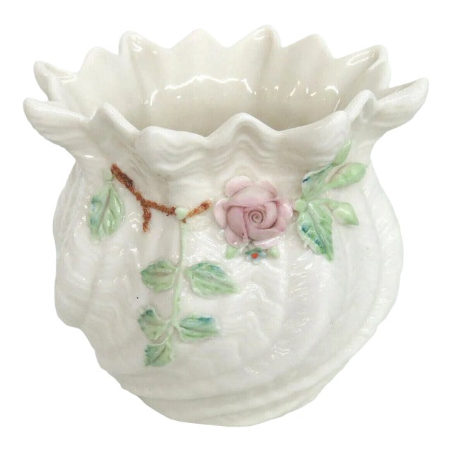Belleek Ireland Porcelain Pink Rose Green Leaves Flower Vase For Sale