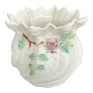 Belleek Ireland Porcelain Pink Rose Green Leaves Flower Vase