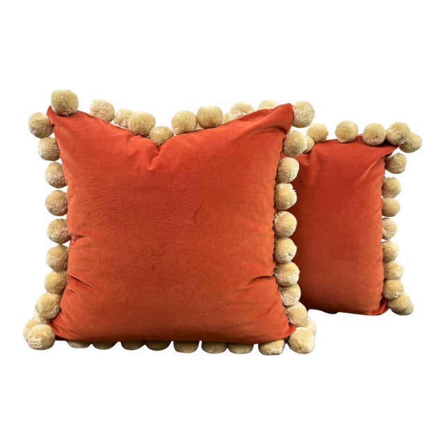 Orange Velvet Ivory Large Pom Pom Throw Pillow Pair For Sale