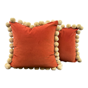 Orange Velvet Ivory Large Pom Pom Throw Pillow Pair