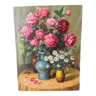 20 Th C Original Oil on Board Still Life With Roses Painting For Sale