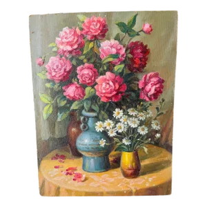 20 Th C Original Oil on Board Still Life With Roses Painting