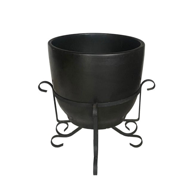 Mid-Century Modern 1960s Satin Black Planter in Iron Stand by Gainey Ceramics For Sale - Image 3 of 5