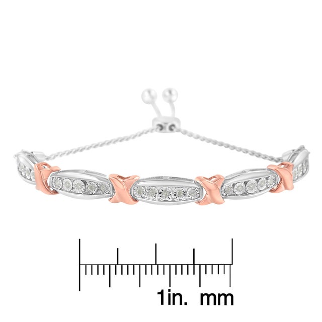 .925 Sterling Silver 1/4 Cttw Round-Cut Diamond X & Tapered Bar Miracle-Set Bolo Bracelet (I-J Color, I3 Clarity) - Two Tone Rose Gold & Silver For Sale In New York - Image 6 of 6