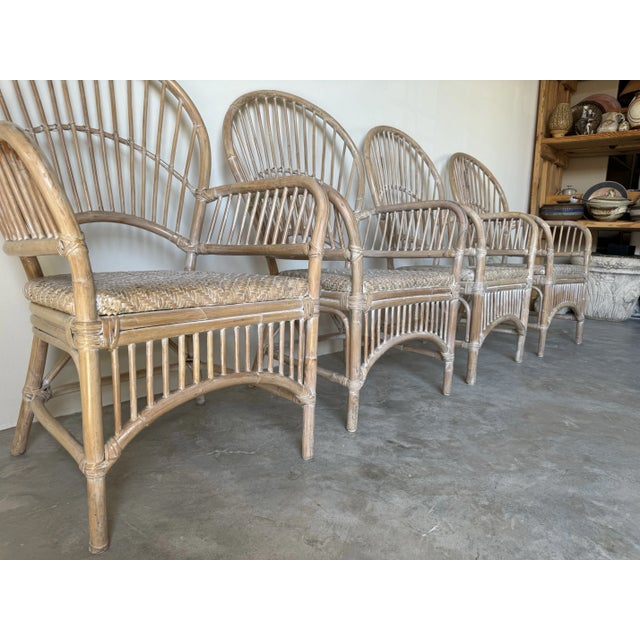 Mid-Century Modern Vintage Coastal Palm Beach Style Cerused Rattan Balloon-Back Arm Dining Chairs - Set of 4 For Sale - Image 3 of 12