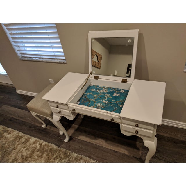 1940s French Country Makeup Vanity Desk With Pearl Accented Chair
