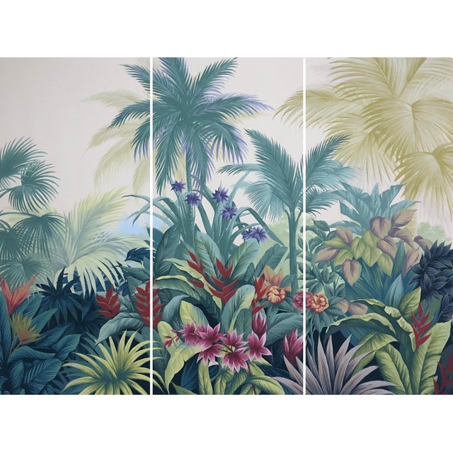36" * H96" * 3ps,‌ Hand Painted Lush Tropical Botanical Wallpaper, Vintage Tropical Jungle Mural For Sale