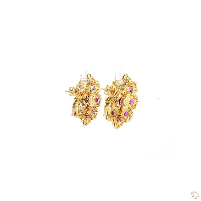 Metal 4.02 Carat Round Brilliant Cut Diamond Ruby Gold Earrings, Pair For Sale - Image 7 of 9